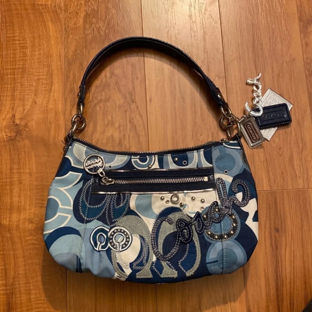 Blue and white coach purse